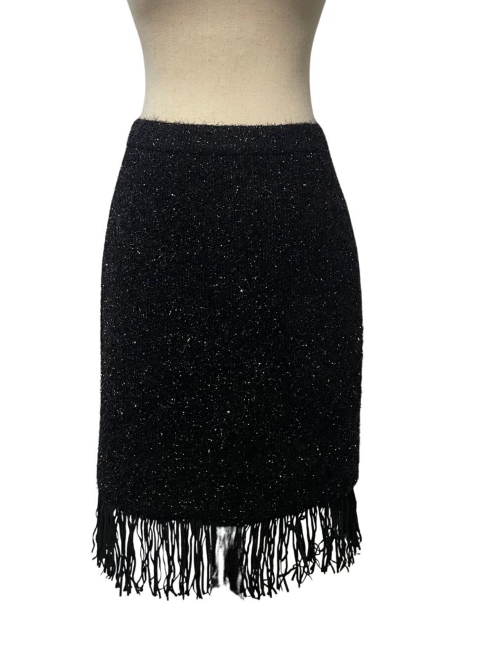 Halston Heritage Women's Black Tinsel Knit Faux Leather Fringe Skirt Size 12